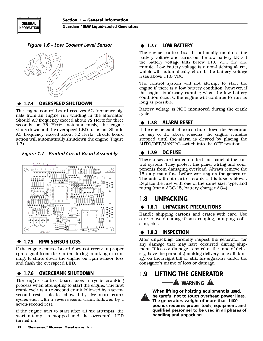 Generac Power Systems 004992-0, 004992-1, 37kW NG, 40kW LP, 004992-1, 004992-0 owner manual Unpacking, Lifting the Generator 