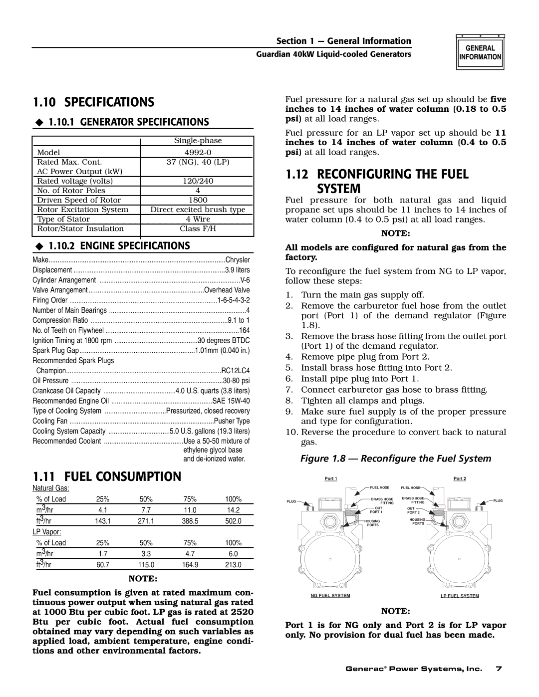 Generac Power Systems 004992-1, 004992-0 owner manual Specifications, Fuel Consumption, Reconfiguring the Fuel System 