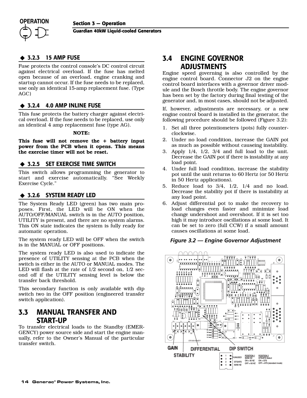 Generac Power Systems 004992-0, 004992-1 3.4ENGINE GOVERNOR ADJUSTMENTS, 3.3MANUAL TRANSFER AND START-UP, Dip Switch 