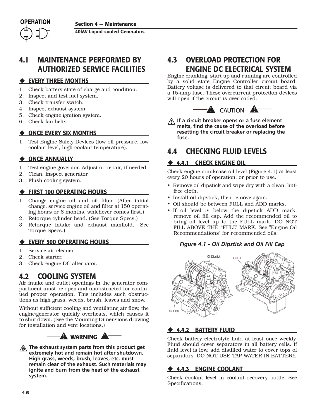 Generac Power Systems 005012-1 Overload Protection for Engine DC Electrical System, Checking Fluid Levels, Cooling System 