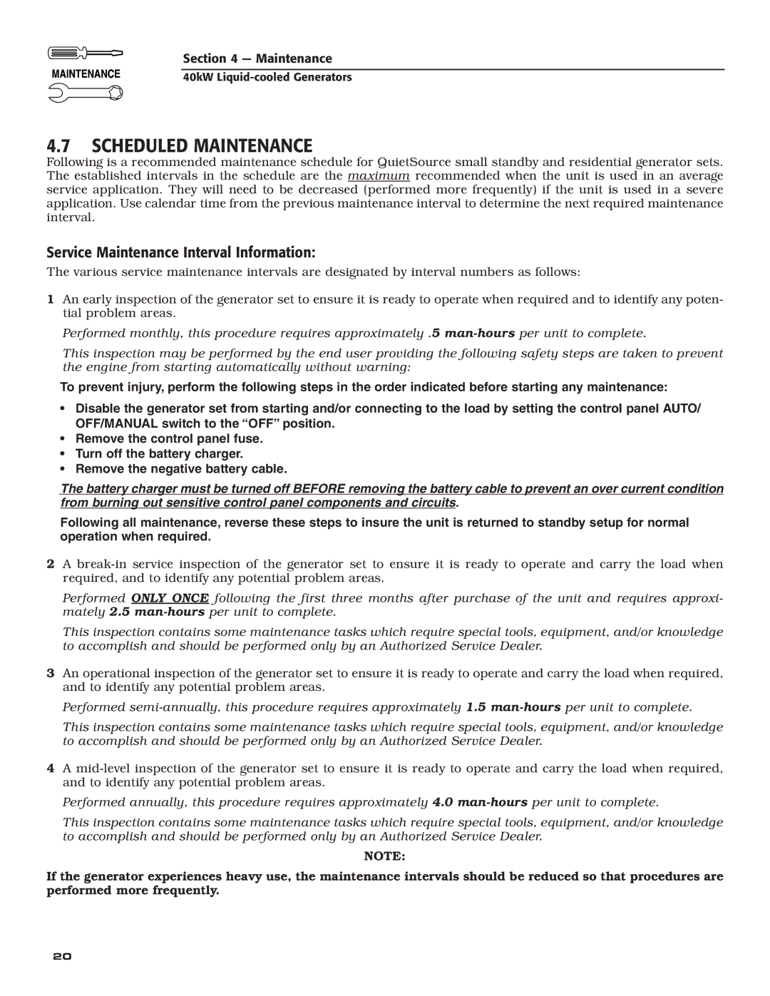 Generac Power Systems 005012-1 owner manual Scheduled Maintenance, Service Maintenance Interval Information 