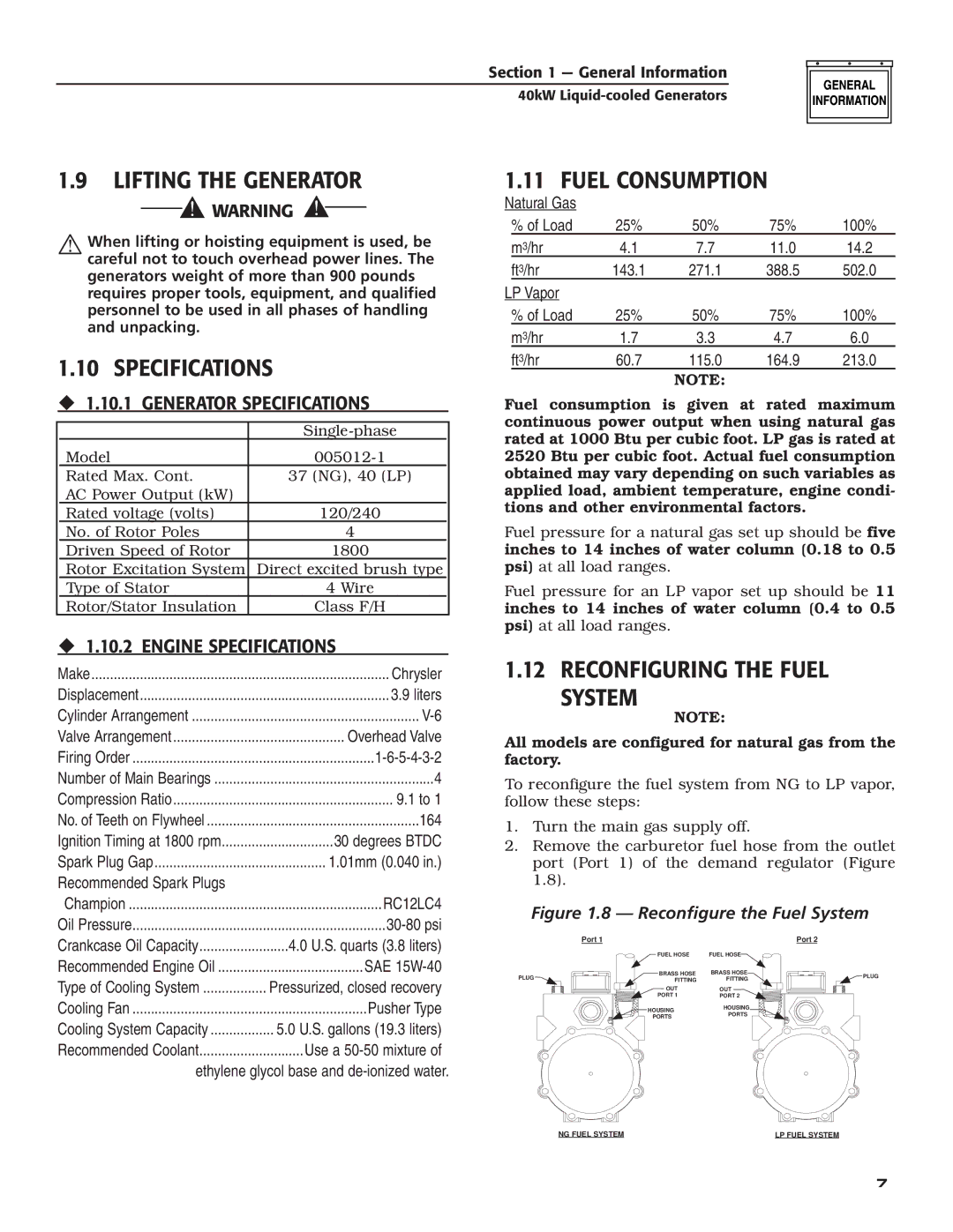 Generac Power Systems 005012-1 Lifting the Generator, Specifications, Fuel Consumption, Reconfiguring the Fuel System 