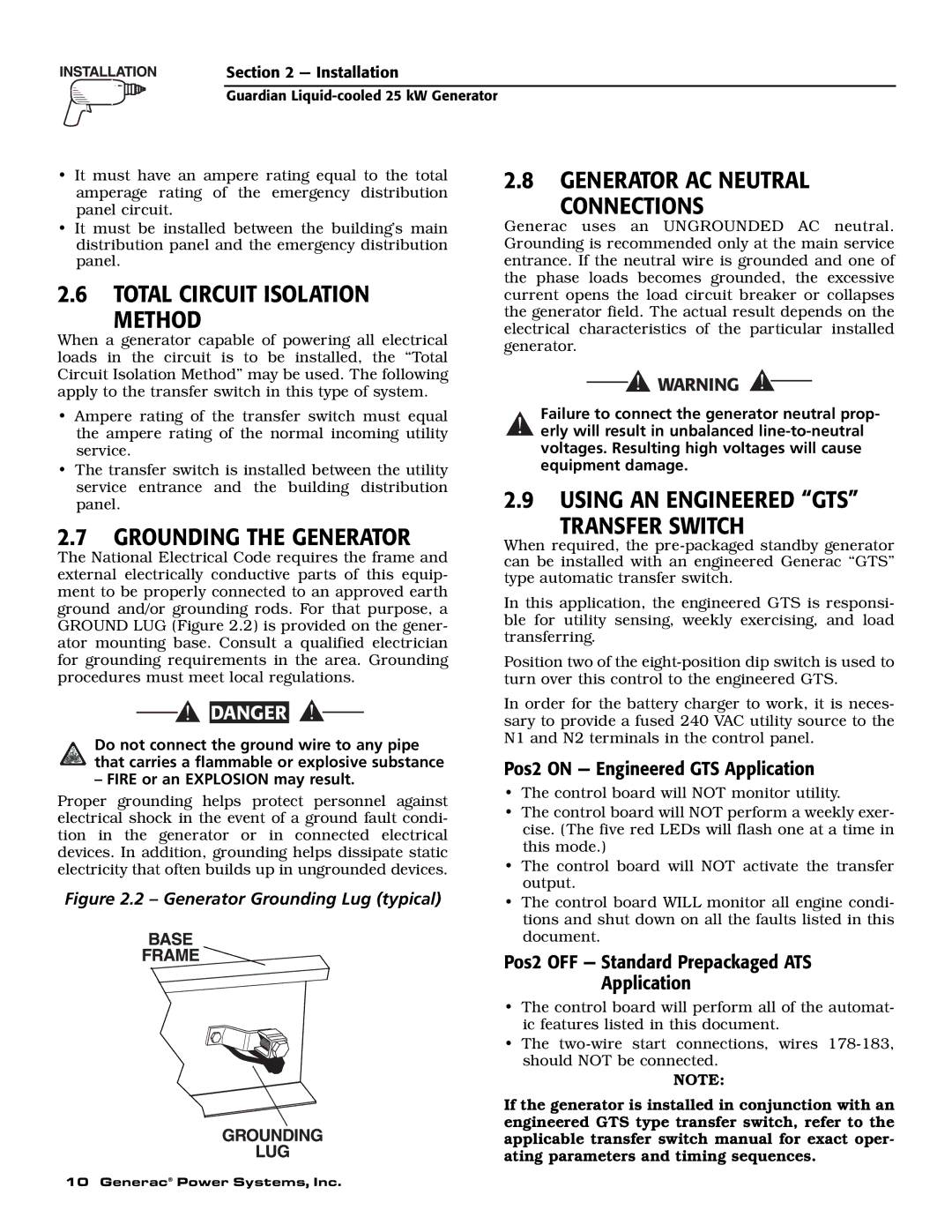 Generac Power Systems 005040-2 Total Circuit Isolation Method, Generator AC Neutral Connections, Grounding the Generator 