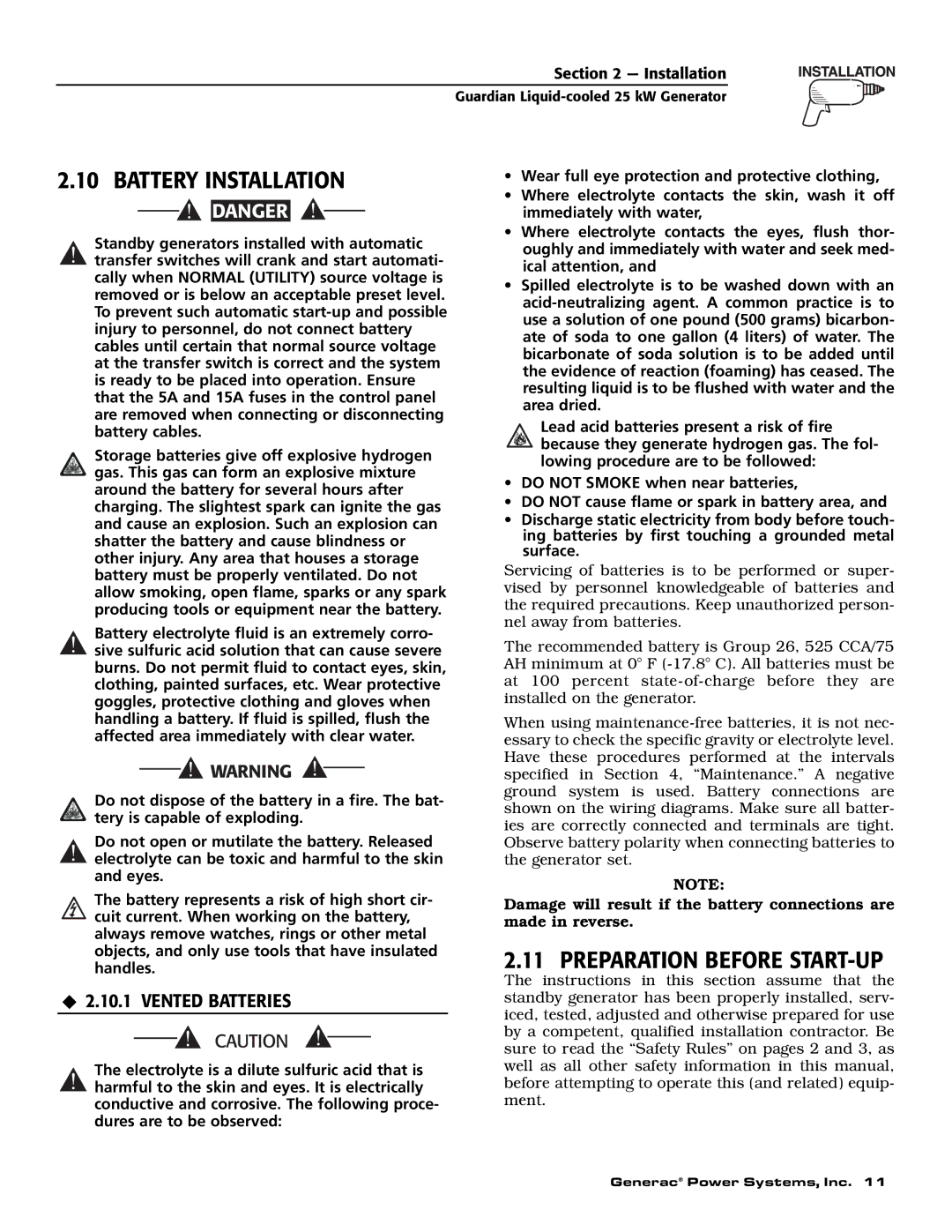 Generac Power Systems 005040-2 owner manual Battery Installation, Preparation Before START-UP, ‹ 2.10.1 Vented Batteries 