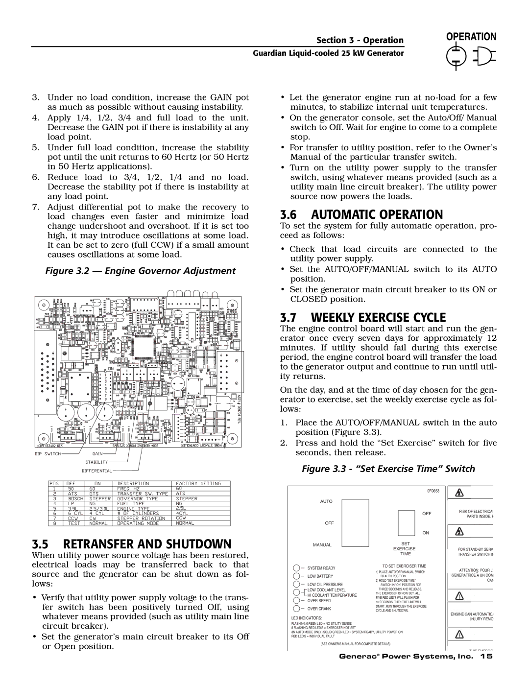 Generac Power Systems 005040-2 owner manual Automatic Operation, Weekly Exercise Cycle, Retransfer and Shutdown 