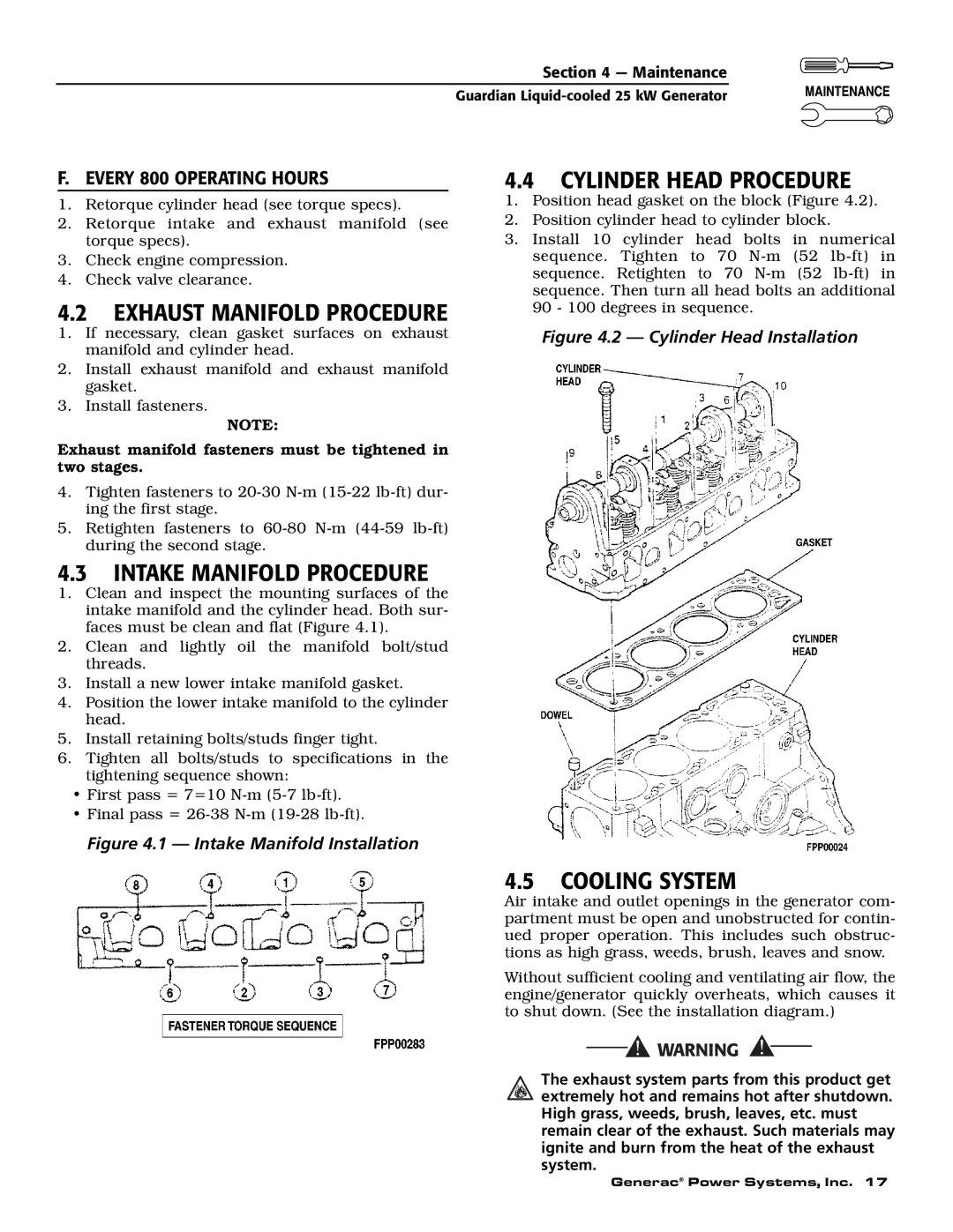 Generac Power Systems 005040-2 owner manual Exhaust Manifold Procedure, Intake Manifold Procedure, Cylinder Head Procedure 