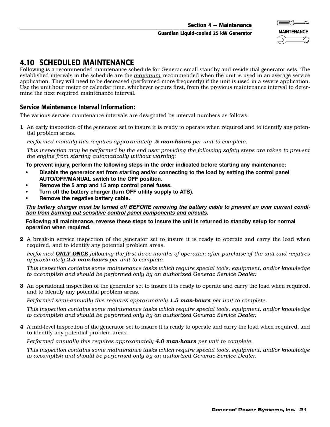 Generac Power Systems 005040-2 owner manual Scheduled Maintenance, Service Maintenance Interval Information 