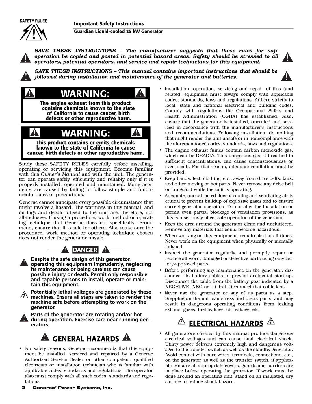 Generac Power Systems 005040-2 owner manual General Hazards 