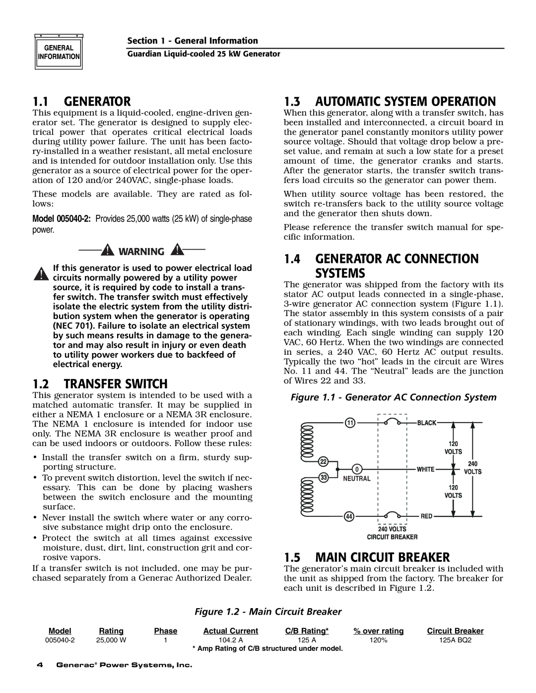 Generac Power Systems 005040-2 Transfer Switch, Automatic System Operation, Generator AC Connection Systems 