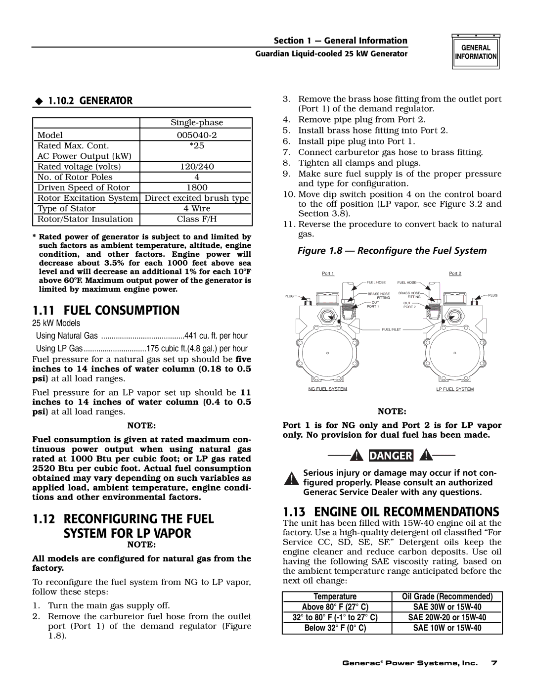 Generac Power Systems 005040-2 owner manual Fuel Consumption, Engine OIL Recommendations, ‹ 1.10.2 Generator 