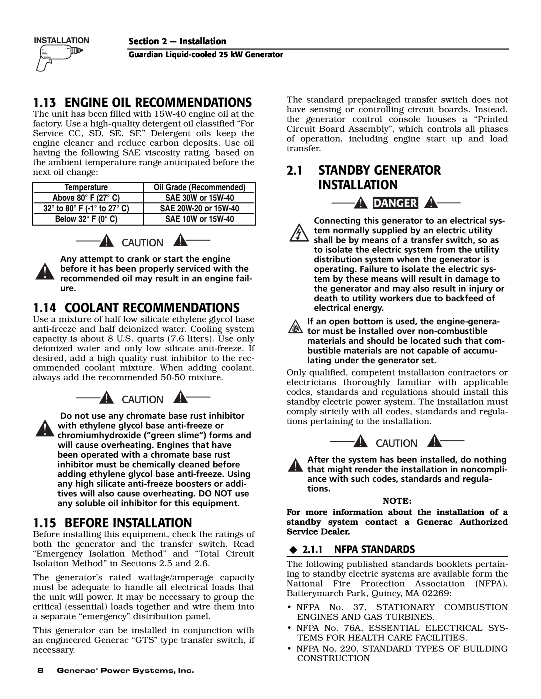 Generac Power Systems 005040-1, 005053-1 Engine Oil Recommendations, Coolant Recommendations, Before Installation, Danger 