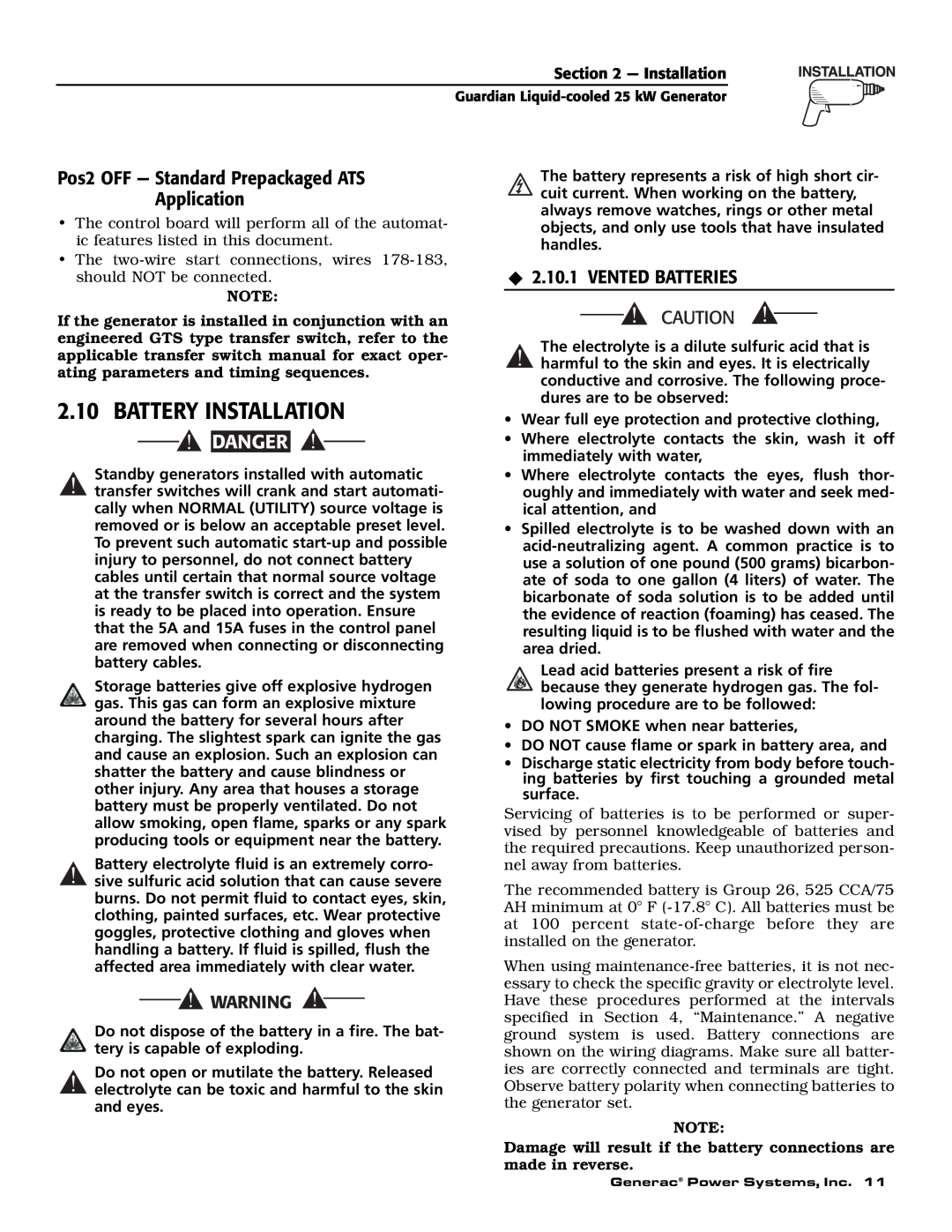 Generac Power Systems 005054-0 Battery Installation, Pos2 OFF - Standard Prepackaged ATS Application, Danger, and eyes 