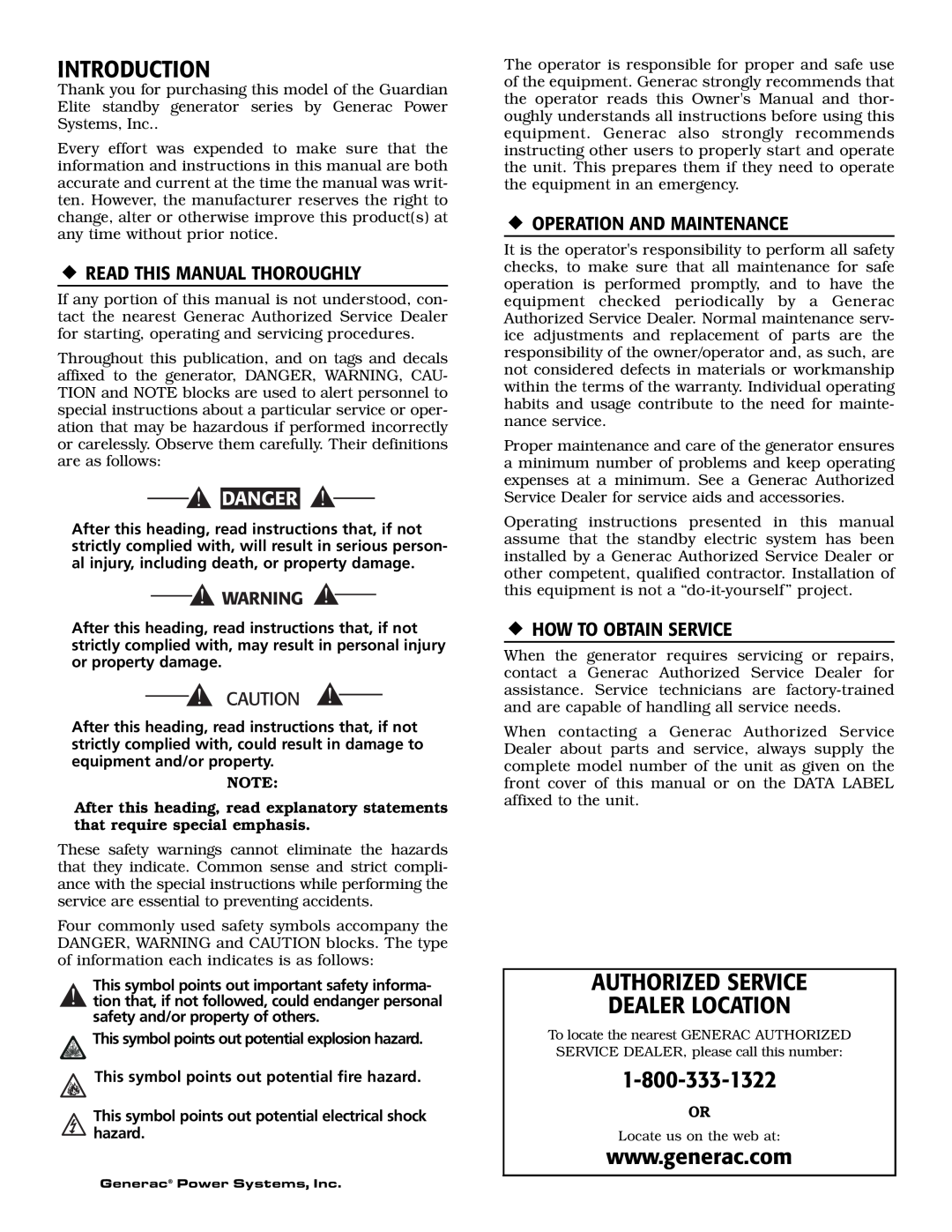 Generac Power Systems 005053-0 Introduction, Authorized Service Dealer Location, ‹ Read This Manual Thoroughly, Danger 