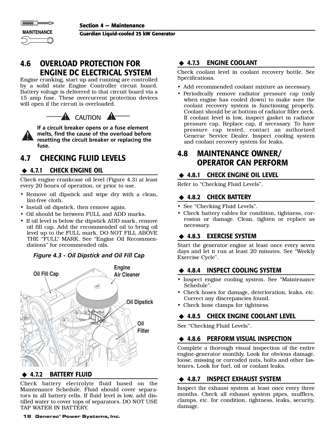 Generac Power Systems 005053-0, 005053-1 Overload Protection For Engine Dc Electrical System, Checking Fluid Levels 