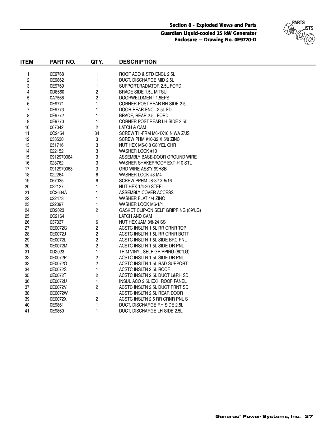 Generac Power Systems 005054-1, 005053-1 Description, Exploded Views and Parts, Guardian Liquid-cooled 25 kW Generator 