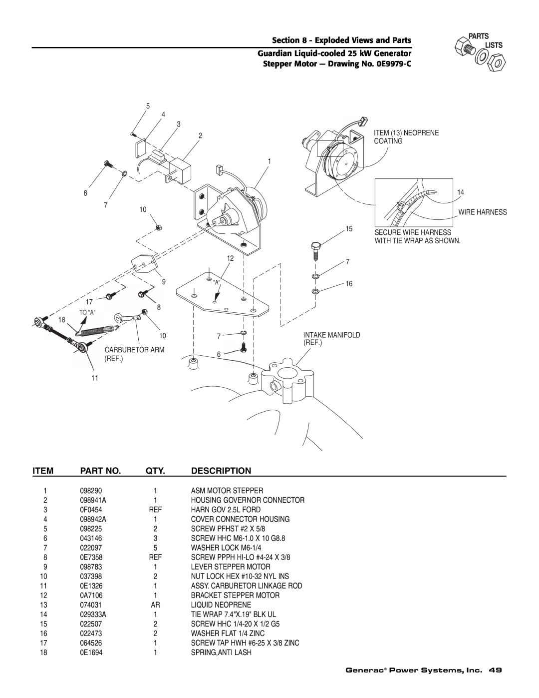 Generac Power Systems 005054-1 Description, ITEM 13 NEOPRENE, Coating, Secure Wire Harness, With Tie Wrap As Shown 