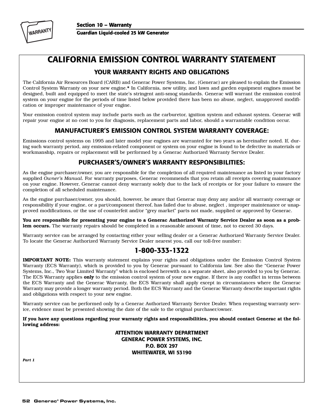 Generac Power Systems 005053-1 Your Warranty Rights And Obligations, Purchaser’S/Owner’S Warranty Responsibilities 