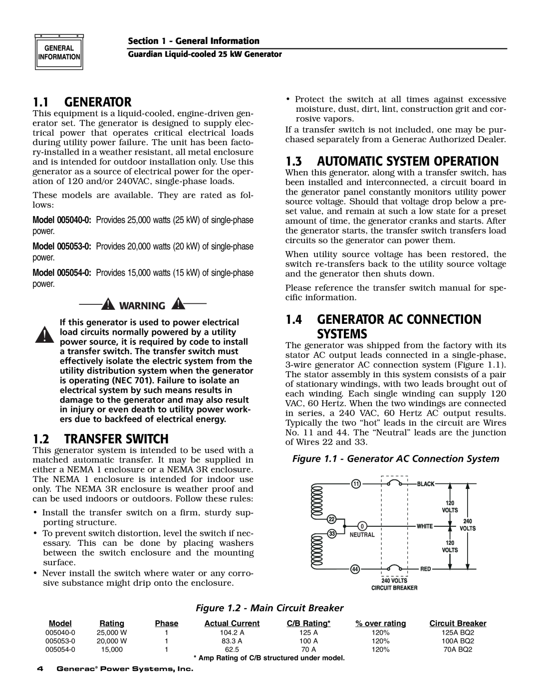 Generac Power Systems 005053-1, 005054-0 Automatic System Operation, Transfer Switch, Generator Ac Connection Systems 