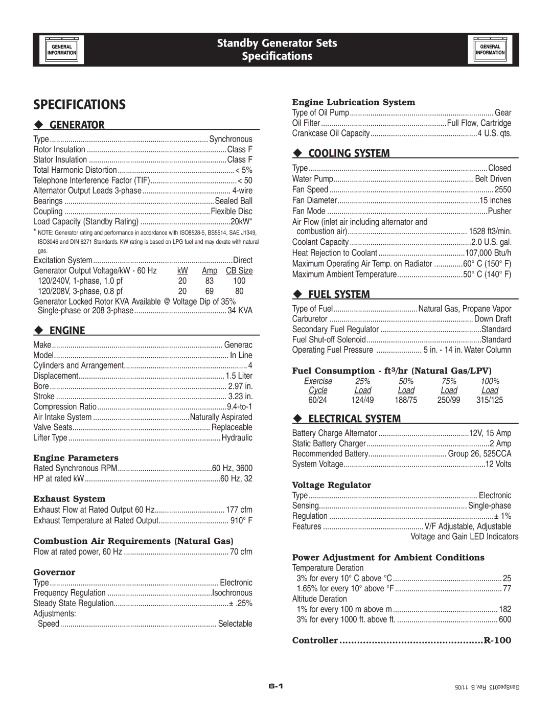 Generac Power Systems 005210-0 owner manual Specifications 