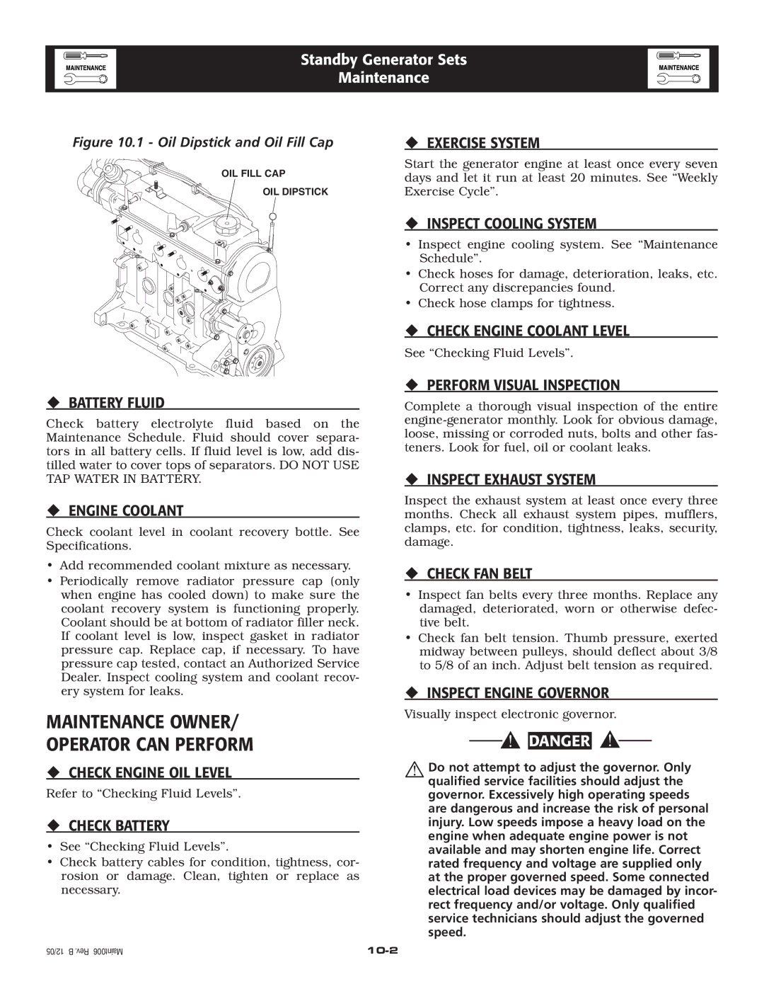 Generac Power Systems 005210-0 owner manual Maintenance Owner Operator can Perform 