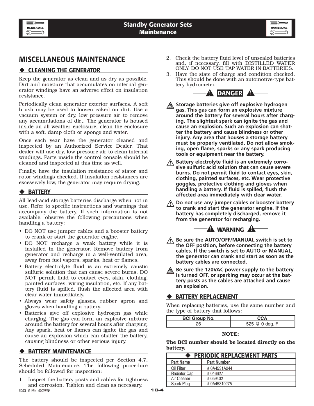 Generac Power Systems 005210-0 owner manual Miscellaneous Maintenance 