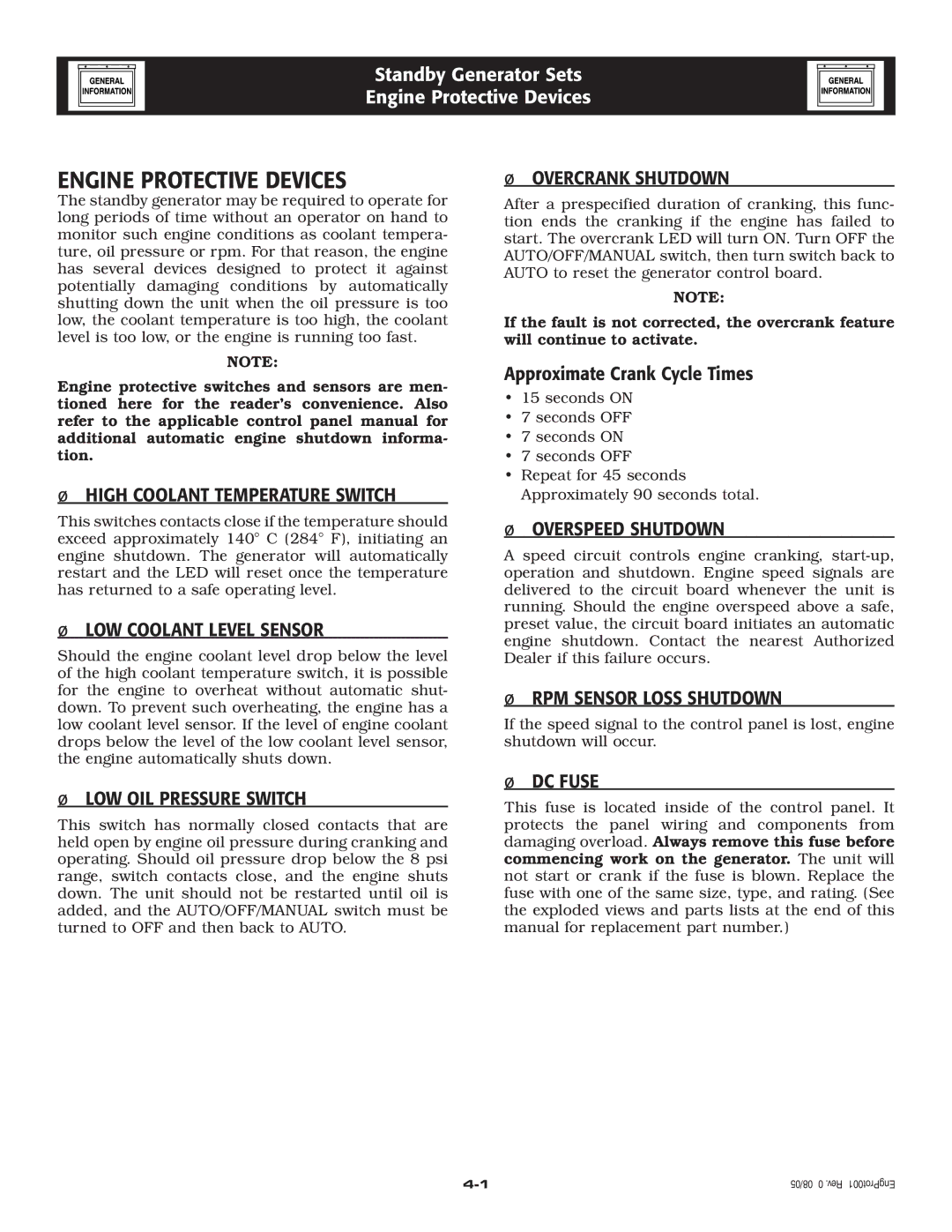 Generac Power Systems 005210-0 owner manual Engine Protective Devices 