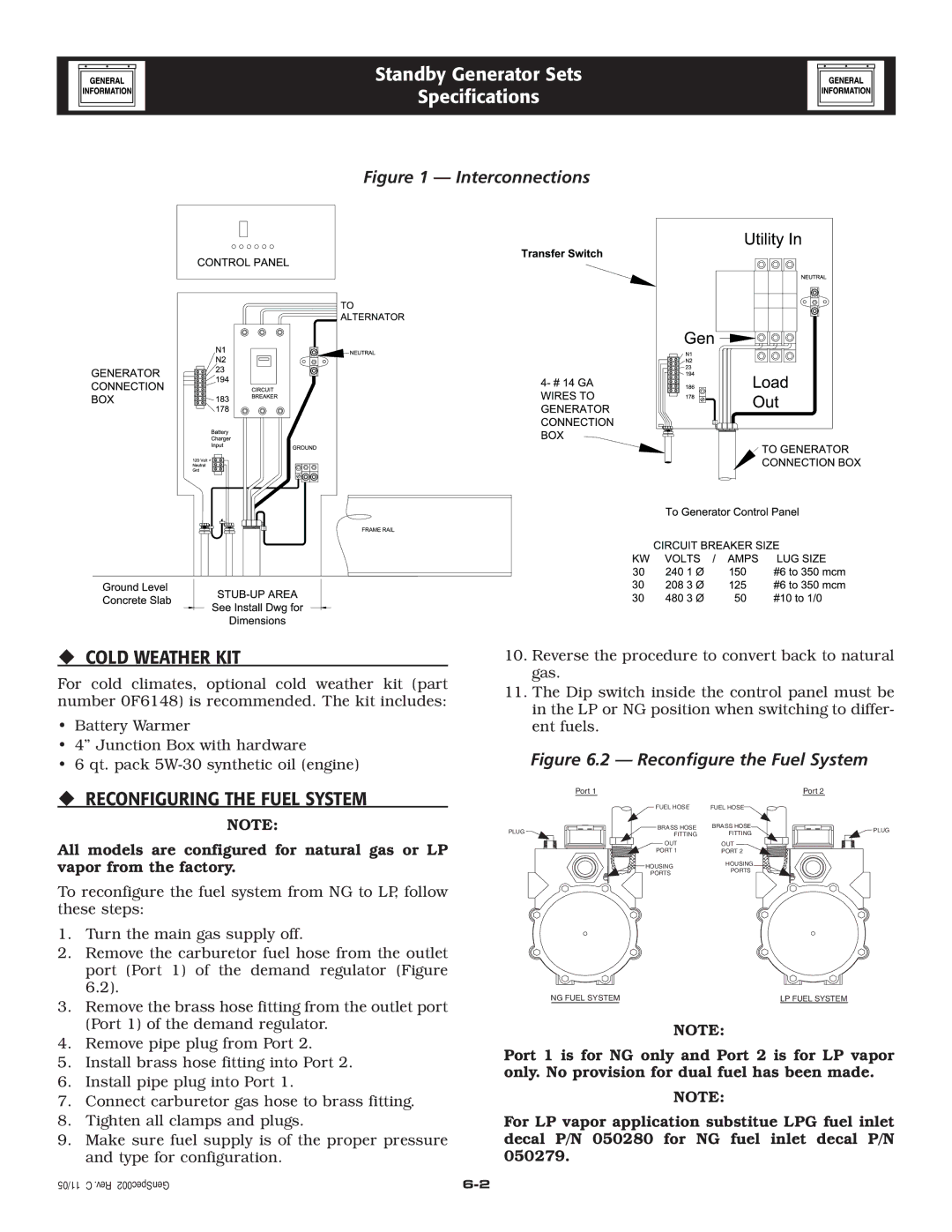 Generac Power Systems 005219-0 owner manual ‹ Cold Weather KIT, ‹ Reconfiguring the Fuel System 