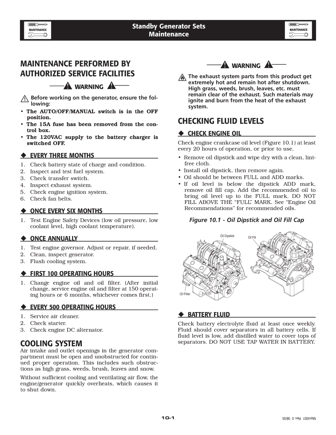 Generac Power Systems 005219-0 owner manual Cooling System, Checking Fluid Levels 