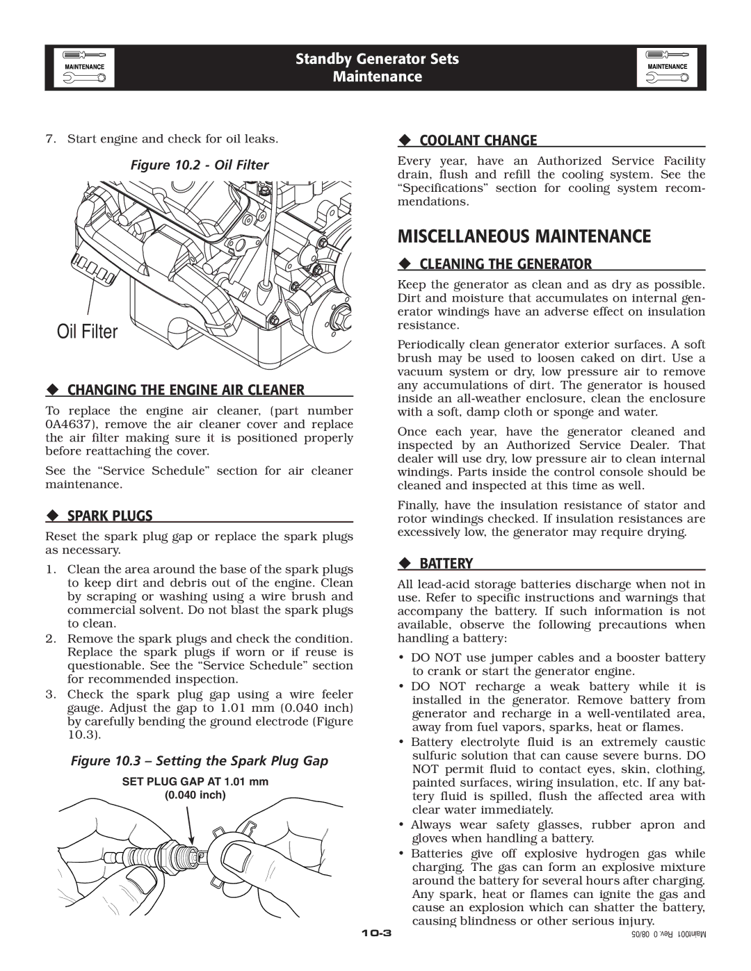 Generac Power Systems 005219-0 owner manual Miscellaneous Maintenance 