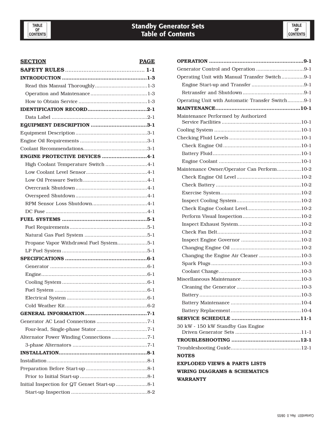 Generac Power Systems 005219-0 owner manual Standby Generator Sets Table of Contents 