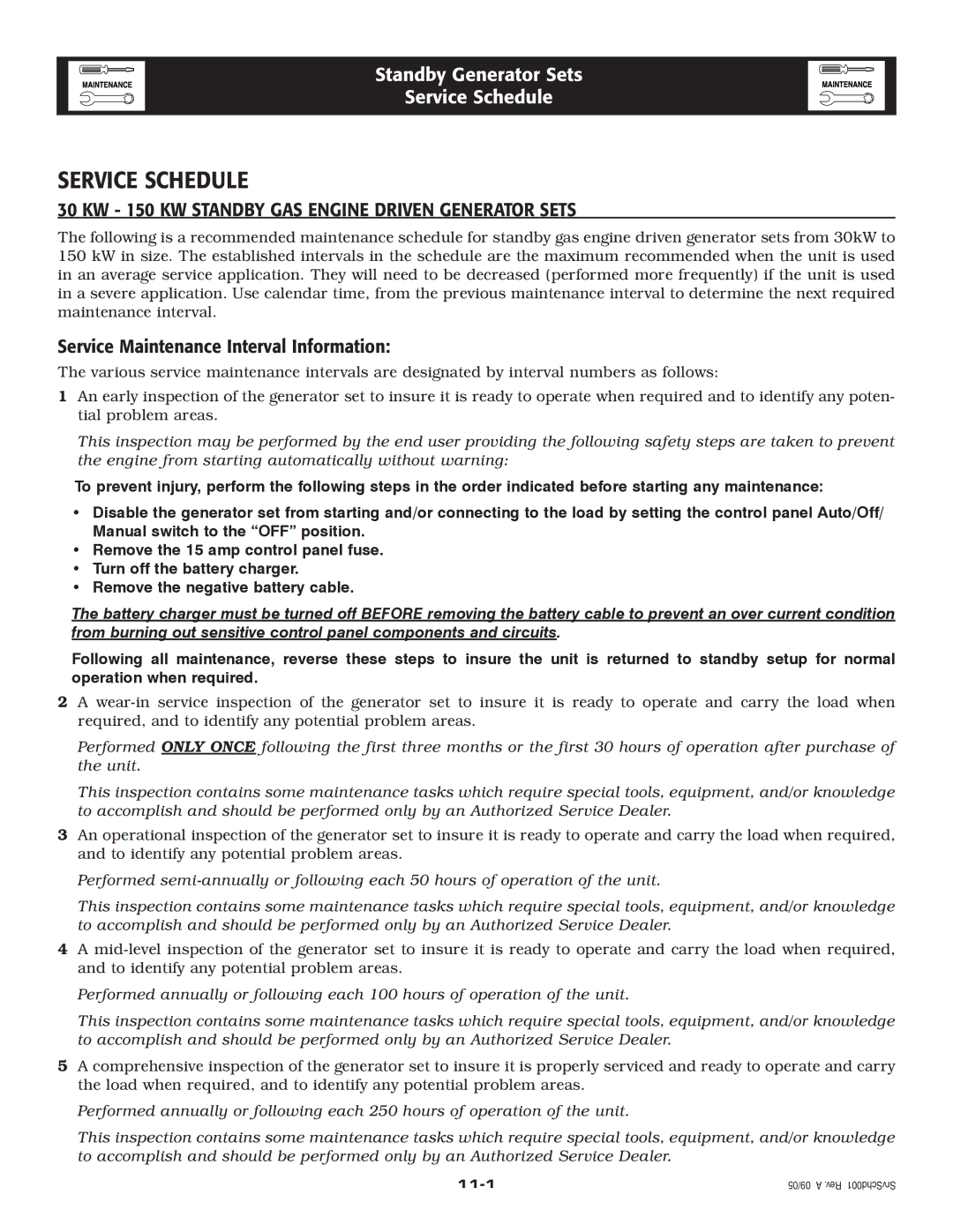 Generac Power Systems 005219-0 owner manual Service Schedule, KW 150 KW Standby GAS Engine Driven Generator Sets 