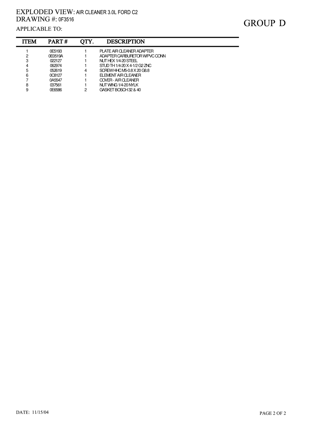 Generac Power Systems 005219-0 owner manual Plate AIR Cleaner Adapter 