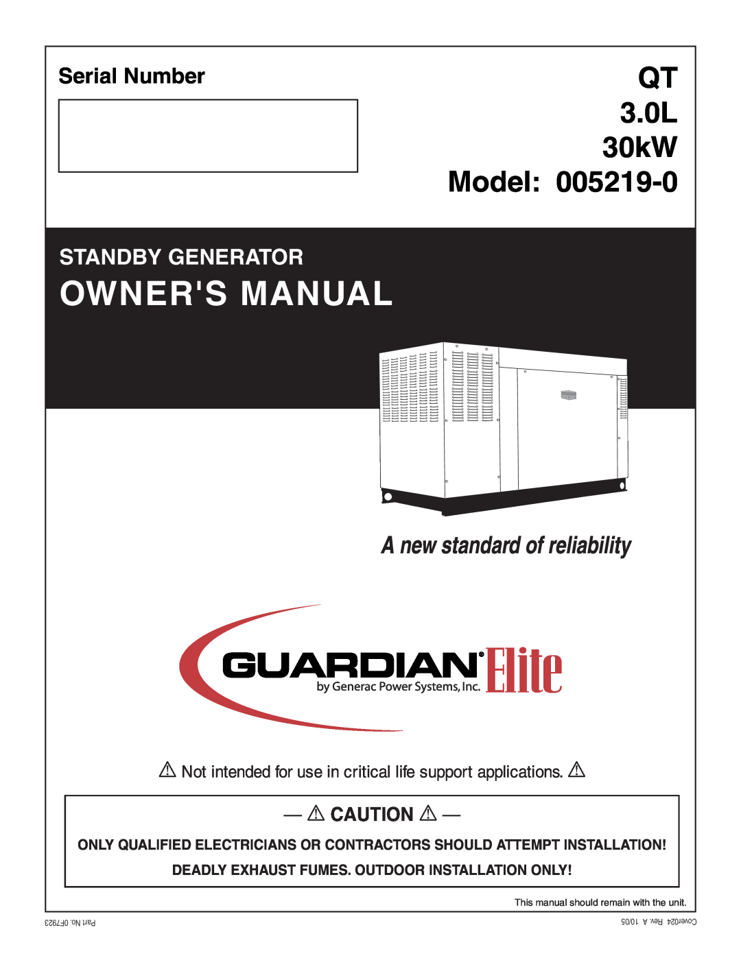 Generac Power Systems 005219-0 owner manual Model, QT 3.0L 30kW, A new standard of reliability, Serial Number 