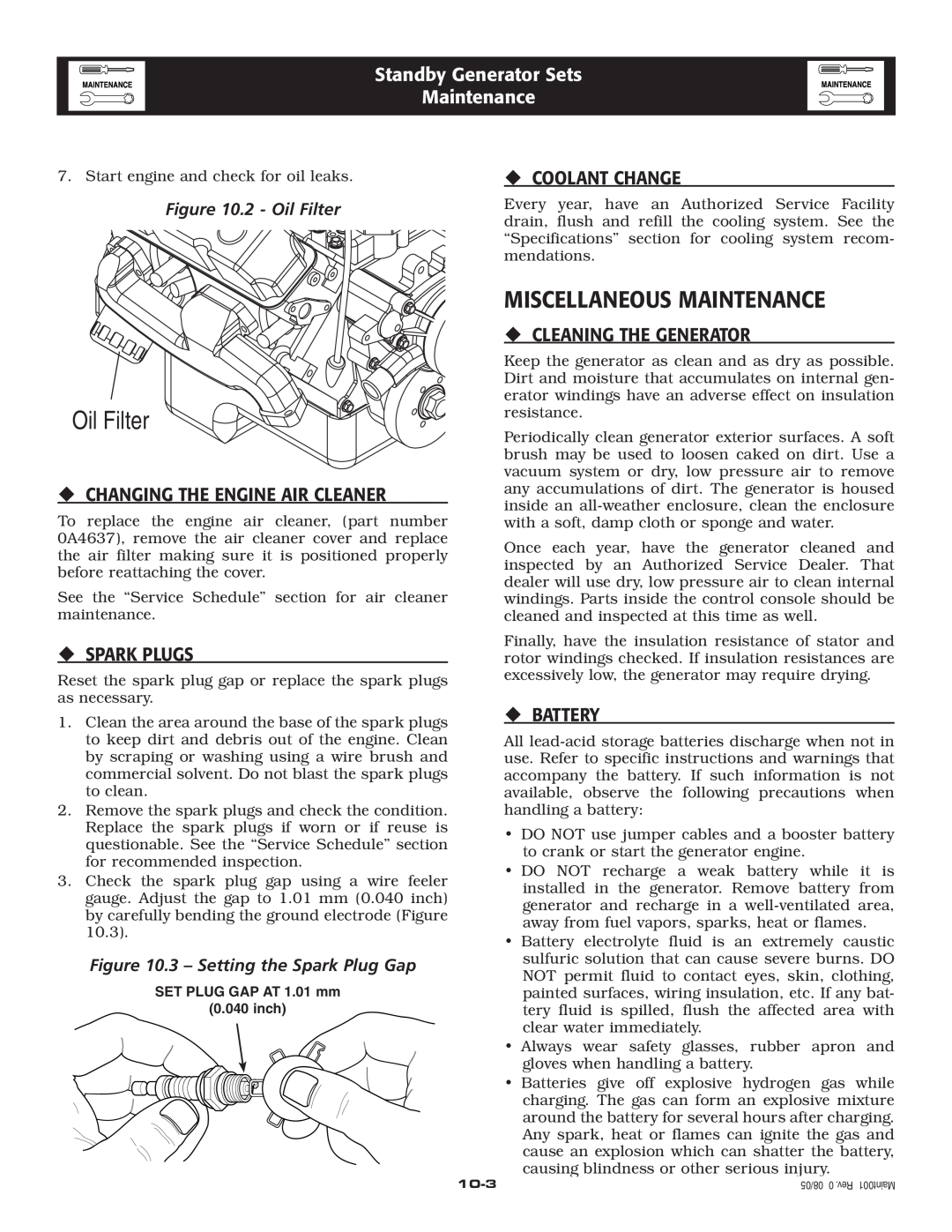 Generac Power Systems 005220-0 Miscellaneous Maintenance, ‹Changing The Engine Air Cleaner, ‹Spark Plugs, ‹Coolant Change 