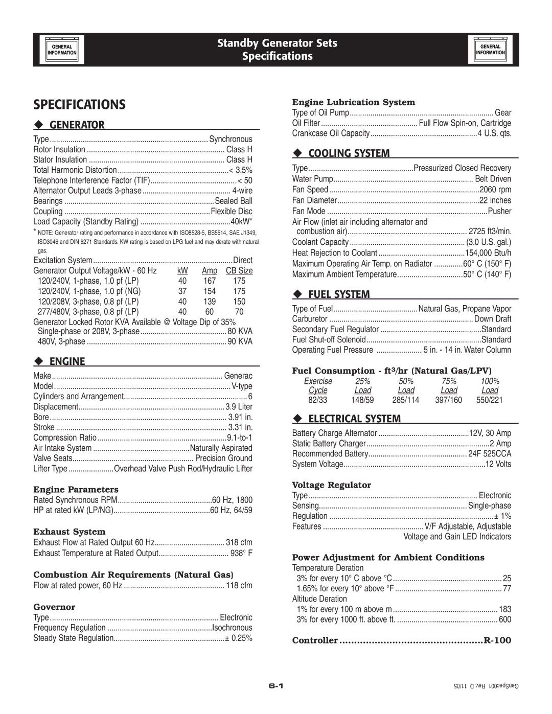 Generac Power Systems 005221-0 owner manual Specifications 