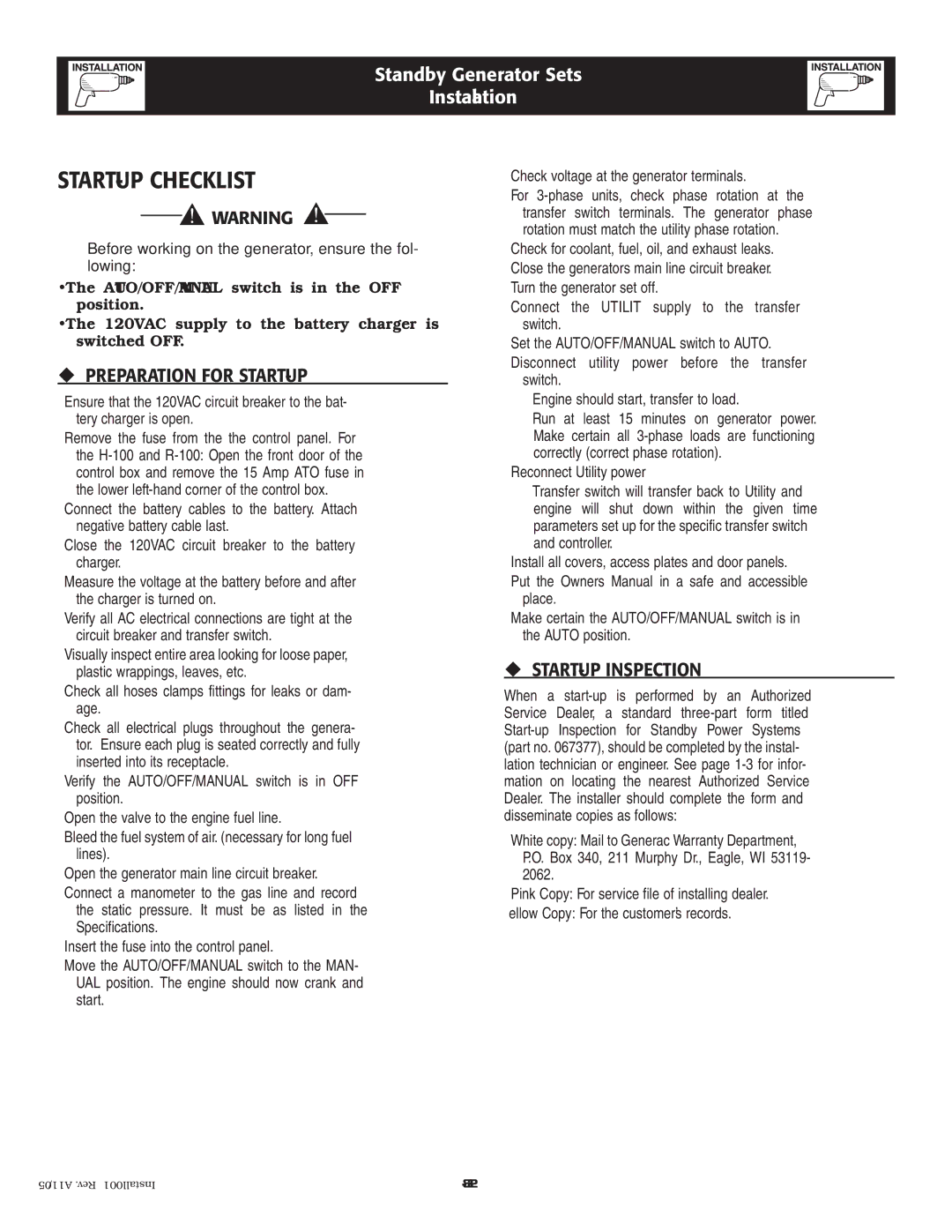 Generac Power Systems 005221-0 owner manual START-UP Checklist, ‹ Preparation for START-UP, ‹ START-UP Inspection 