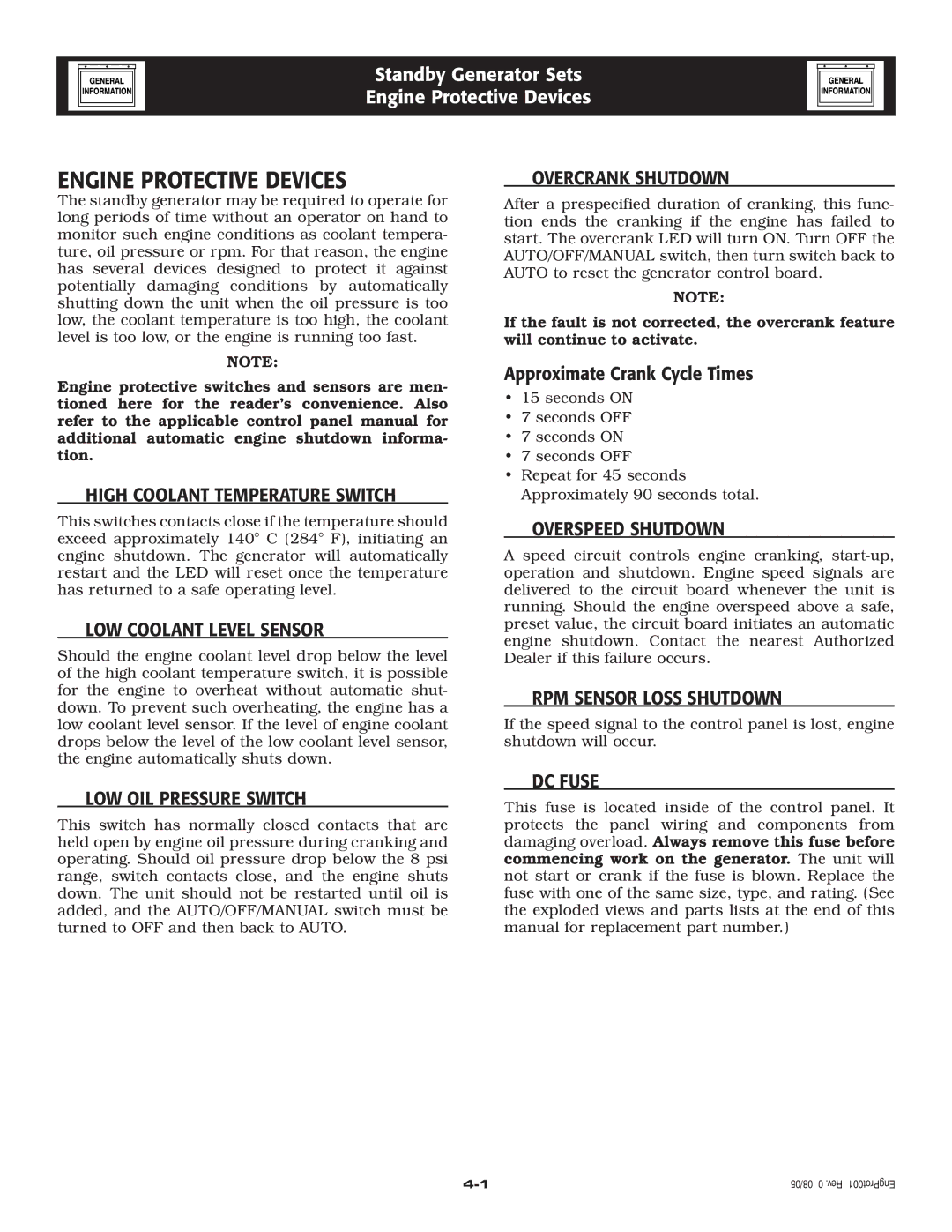 Generac Power Systems 005221-0 owner manual Engine Protective Devices 