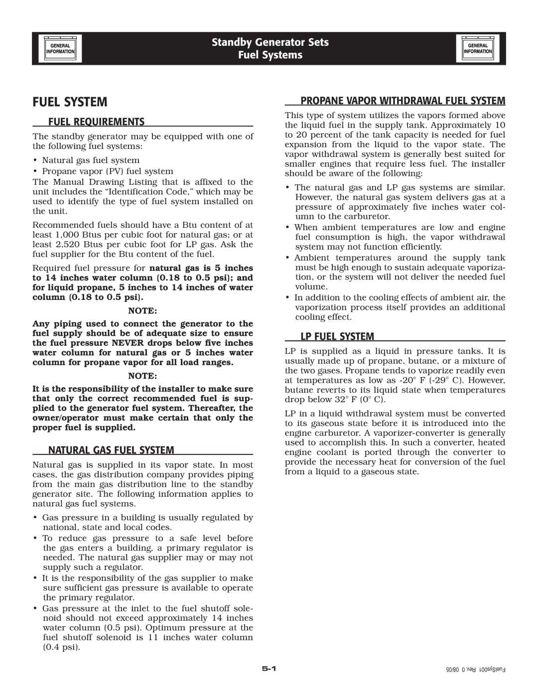 Generac Power Systems 005221-0 owner manual ‹ Fuel Requirements, ‹ Natural GAS Fuel System, ‹ LP Fuel System 