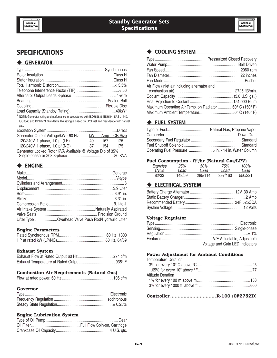 Generac Power Systems 005223-0 owner manual Specifications 