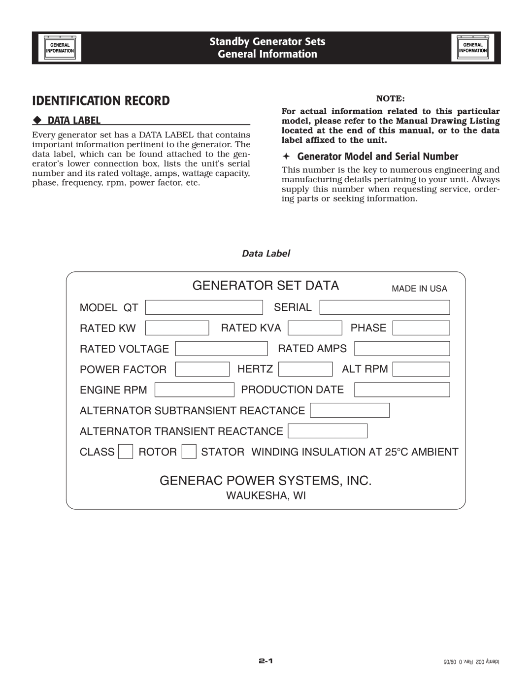 Generac Power Systems 005223-0 owner manual Identification Record, Standby Generator Sets General Information, ‹ Data Label 