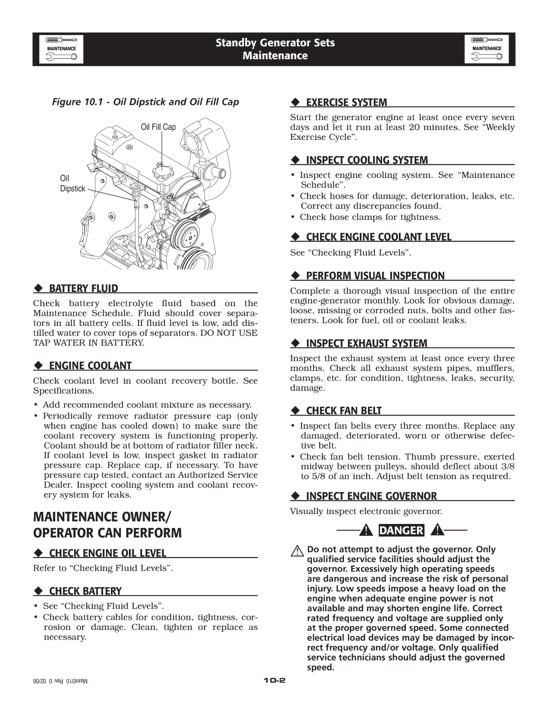 Generac Power Systems 005259-0 owner manual Maintenance Owner Operator can Perform 