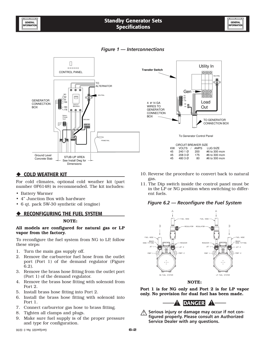 Generac Power Systems 005261-1, 005262-1 ‹ Cold Weather Kit, ‹ Reconfiguring The Fuel System, Danger, Interconnections 
