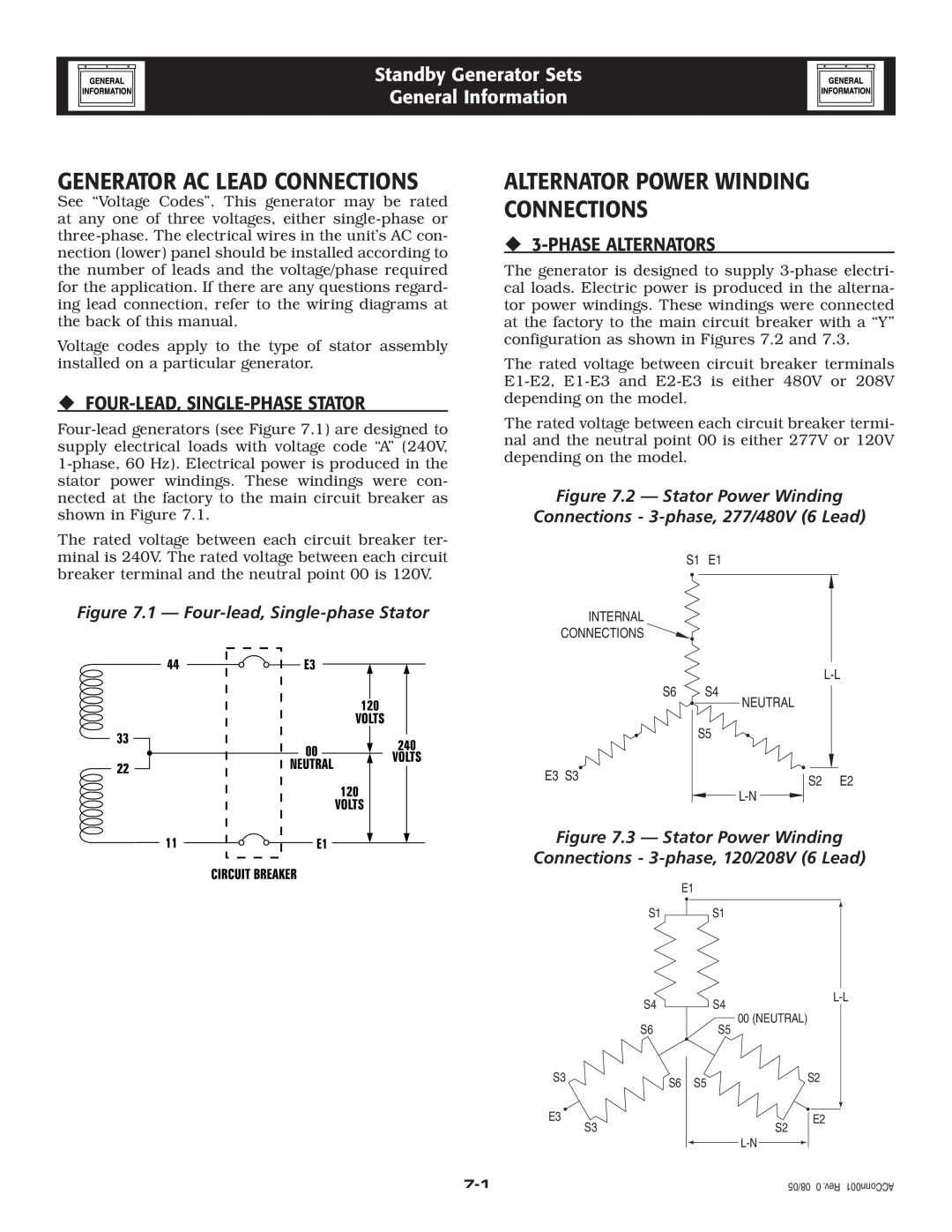 Generac Power Systems 005261-1, 005262-1 owner manual Generator Ac Lead Connections, Alternator Power Winding Connections 