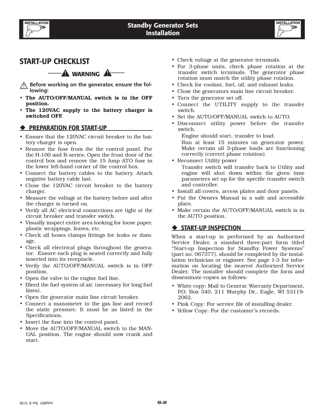 Generac Power Systems 005261-1, 005262-1 owner manual Start-Up Checklist, ‹ Preparation For Start-Up, ‹ Start-Up Inspection 