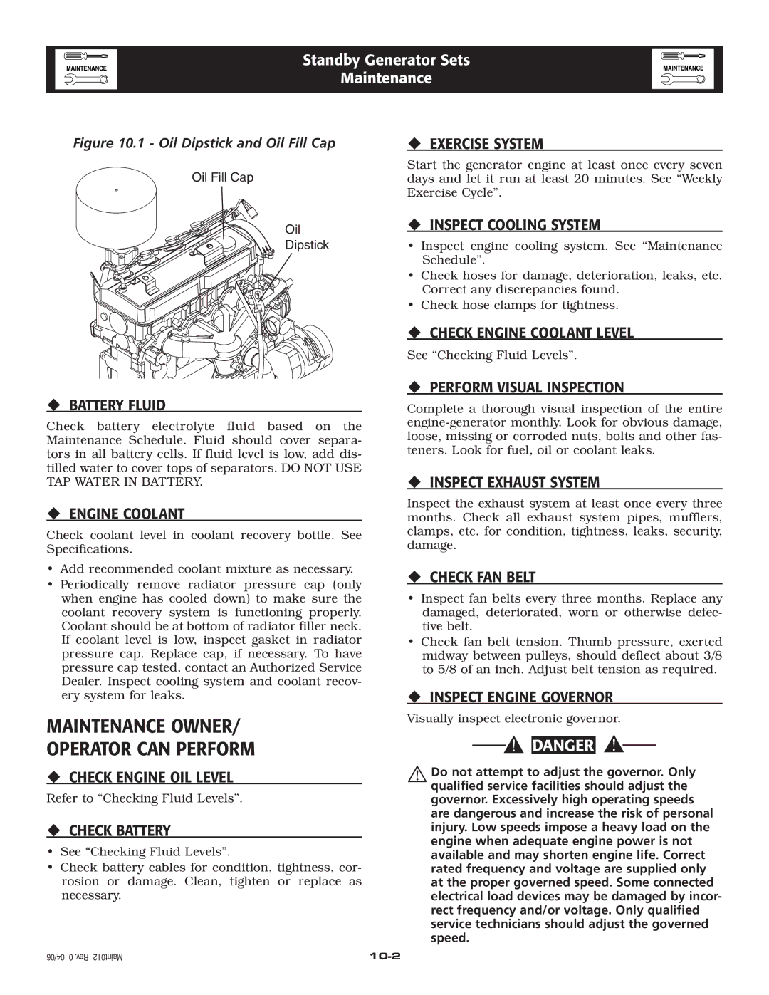 Generac Power Systems 005262-1 owner manual Maintenance Owner Operator can Perform 