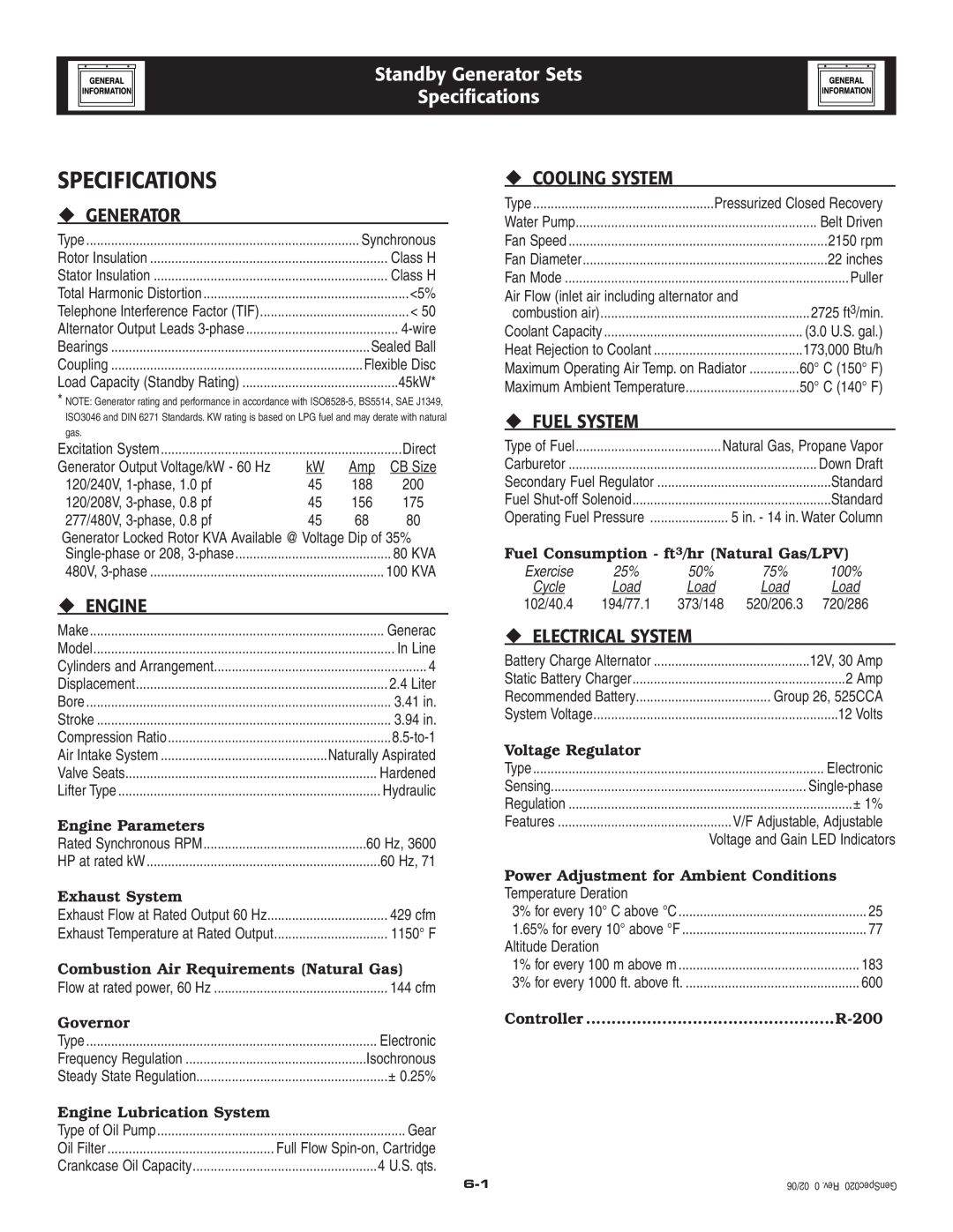 Generac Power Systems 005262-1 Standby Generator Sets Specifications, ‹ Generator, ‹ Engine, ‹ Cooling System, 100% 