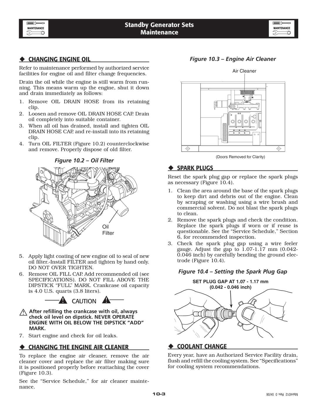 Generac Power Systems 005262-1 ‹ Changing Engine Oil, ‹ Spark Plugs, ‹ Changing The Engine Air Cleaner, ‹ Coolant Change 