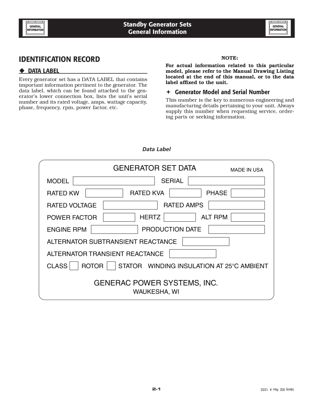 Generac Power Systems 005262-1 owner manual Identification Record, Standby Generator Sets General Information, ‹ Data Label 