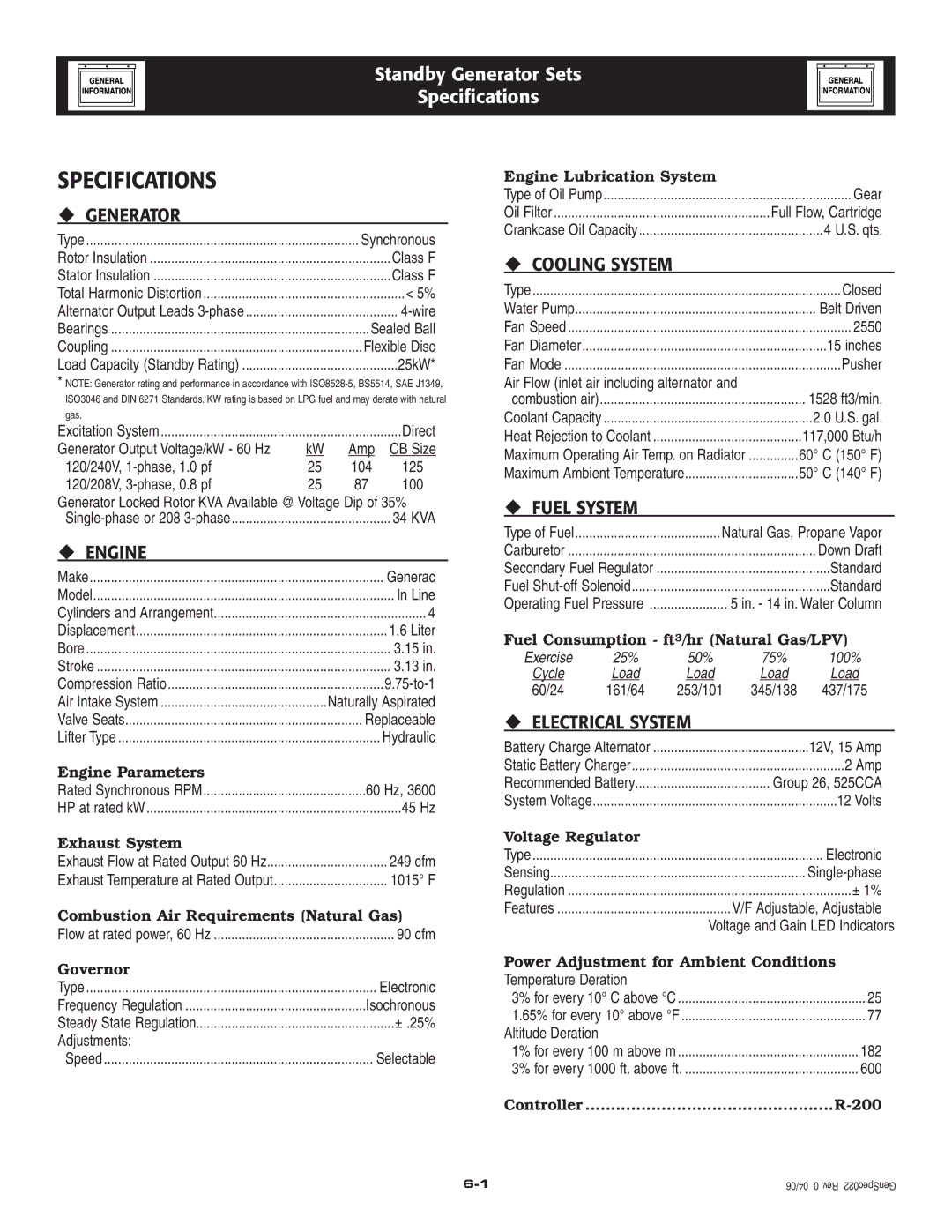 Generac Power Systems 005324-0, 005325-0 owner manual Specifications 