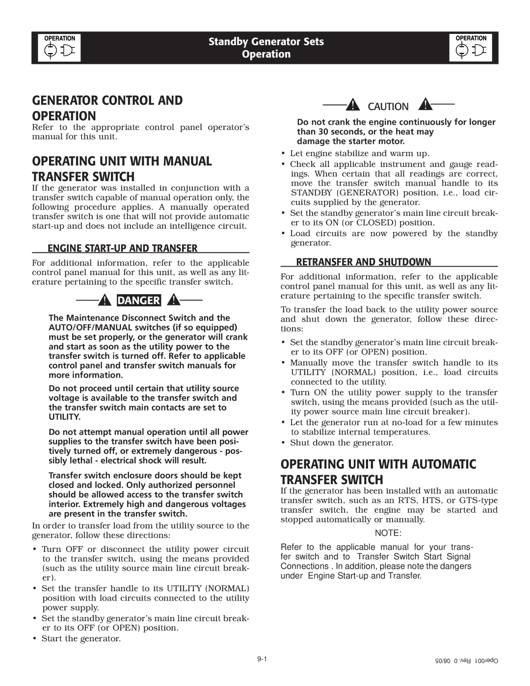 Generac Power Systems 005324-1, 005325-1 Generator Control Operation, Operating Unit with Manual Transfer Switch 